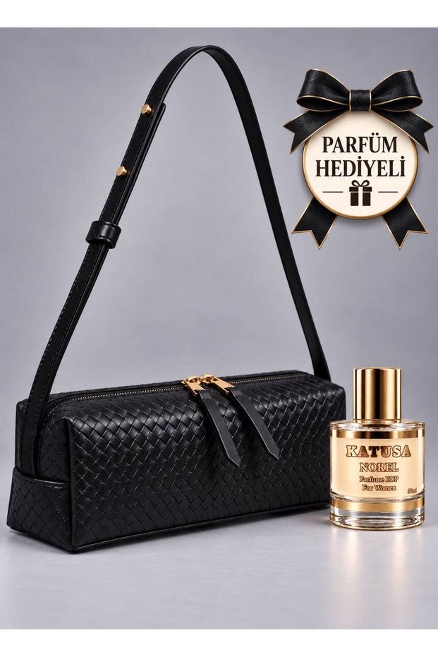 Women's Black Woven-Pattern Faux Leather Luxury Shoulder Bag with Zipper