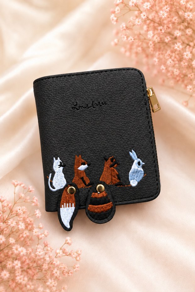 Squirrel-Embossed Wallet with Coin Pocket, Vintage Design, Black