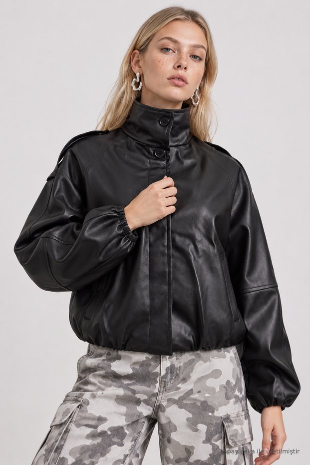 Bomber Faux Leather Jacket LAX0019 BLACK