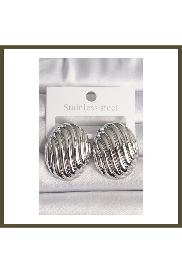 Oval-Shaped Modal Women's Earrings with Silver-Colored Embellishments, BX