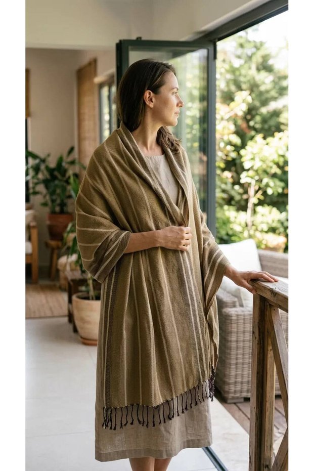 Karatezgah Woven Double-Sided Peştemal Shawl, 90x180, 100% Cotton, Striped, Sofa Shawl
