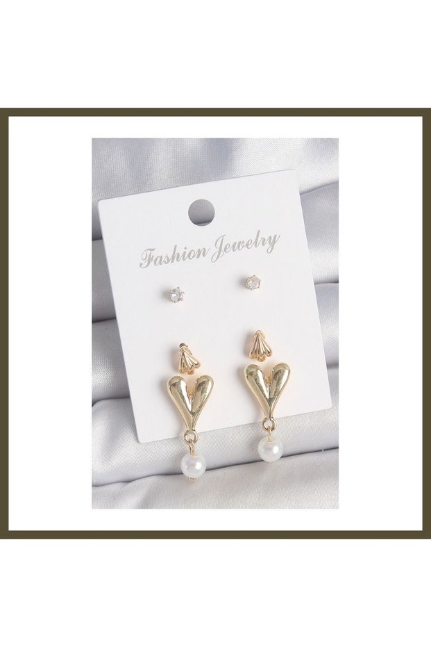 Gold-Toned Rice-Shaped Zircon and Pearl Dangle Earrings, Set of 3 Pairs for Women, Model BX