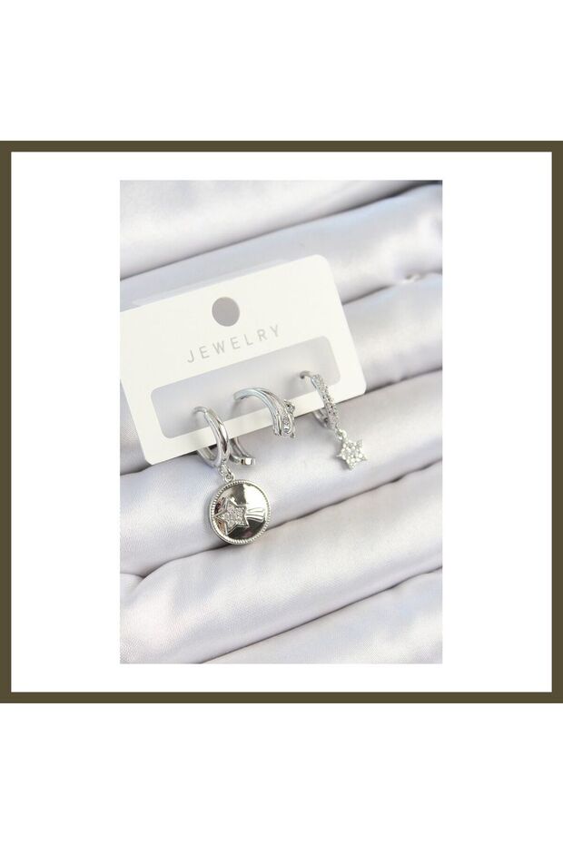 Silver-Color 3-Piece Pair of Women's Dangle Earrings with Rice-Shaped Zircon Stones in a Star Design BX