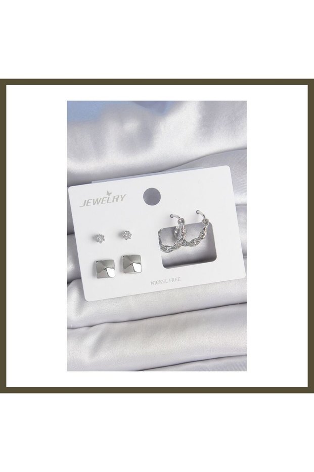 Silver-Toned Rice-Shaped Zircon Stone Twisted Hoop Earrings with Square Accents—Set of 3 Pairs for Women, Model BX