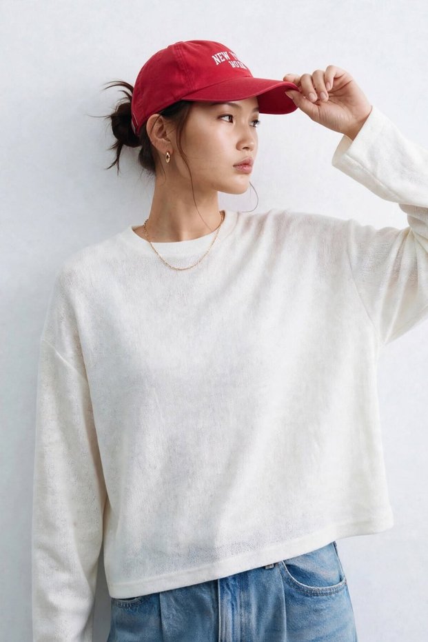 Women's Long-Sleeve Textured T-Shirt - Ecru