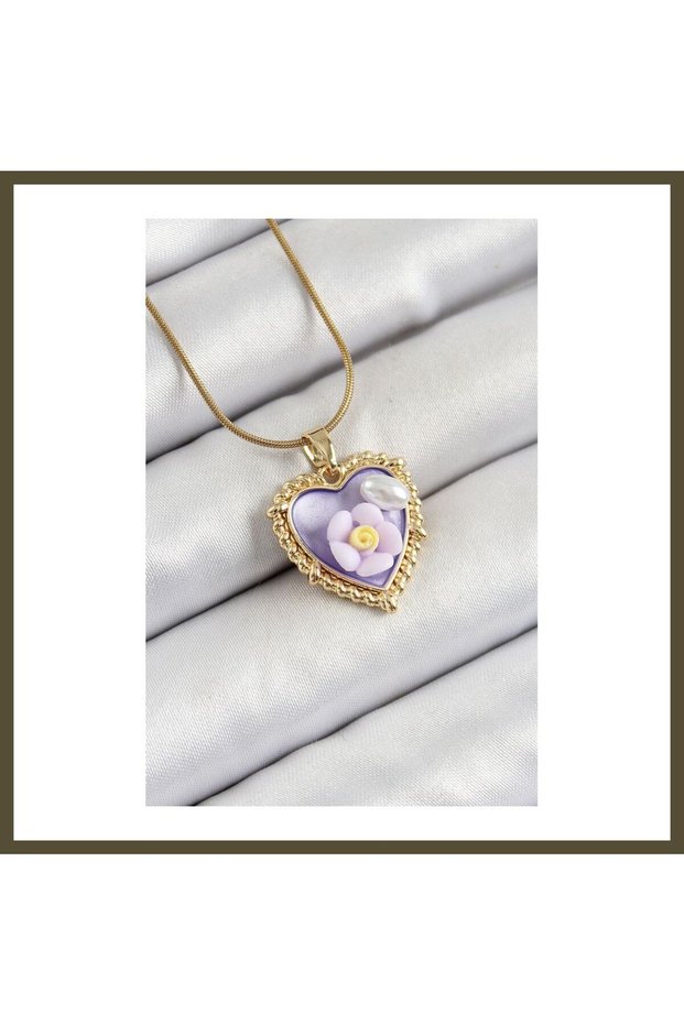 316L Stainless Steel Chain, Purple Artistic Portrait with Pearl Details and Daisy Motif, Model Gold Re BX