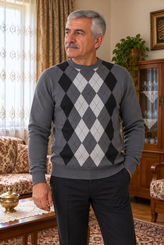 Men's Diamond Patterned Crew Neck Knit Sweater