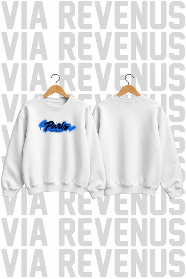 Paris-Printed Oversized Crew Neck 100% Cotton Basic Sweatshirt