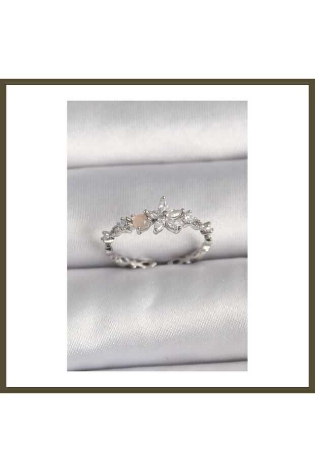 Silver-Plated Rice-Shaped Flower-Design Modal Adjustable Ring with Zircon Stones BX