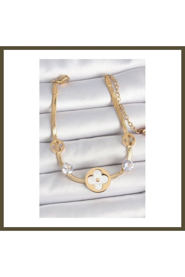 316L Steel, Gold-Colored Italian Chain with White Enamel, Clover-Shaped Design, and Zircon Stone Embellishments—Women's BX
