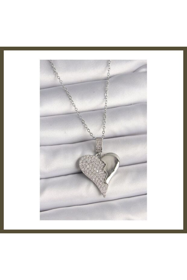 316L Stainless Steel Silver-Colored Chain Necklace with Zircon Stones, Broken-Link Design, Women's Necklace BX