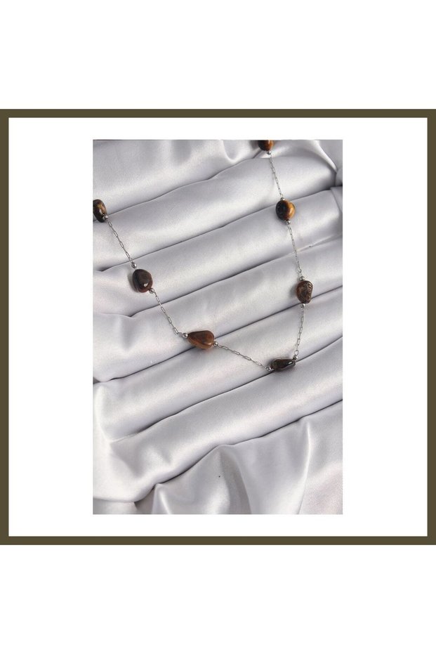316L Stainless Steel Silver-Toned Chain with Brown Natural Stone Design Women's Necklace BX