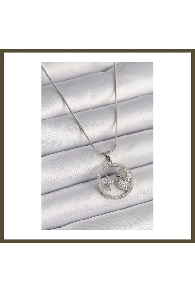 316L Stainless Steel Silver-Colored Chain with Zircon-Set Star Medallion Women's Necklace Model BX