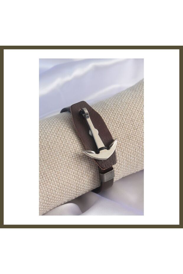 Brown Leather Style Silver-Colored Anchor-Shaped Men's Bracelet BX