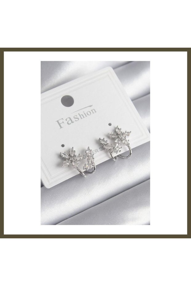 Silver-Toned Rice-Shaped Flower-Design Women's Earrings with Zircon Stones BX