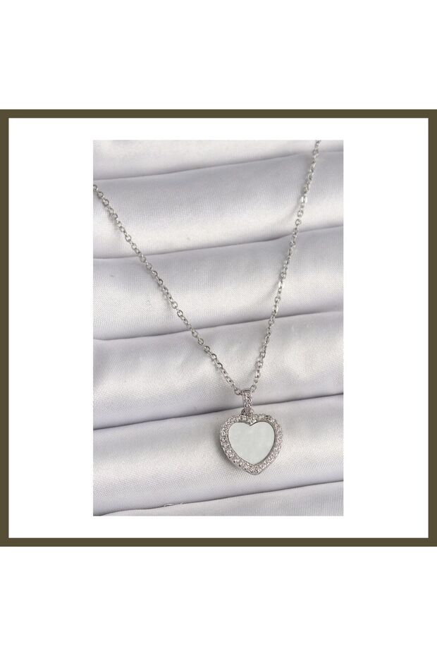 316L Steel Silver-Colored Chain Necklace with Zircon Stones and White Enamel for Women, Model BX