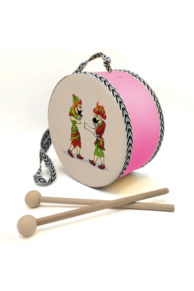 Karagöz and Hacivat Printed Leather Children's Drum (Ages 1–5) - Pink