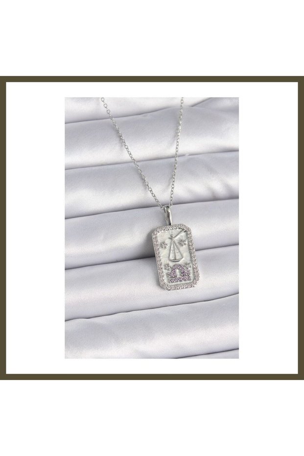 316L Stainless Steel Silver-Colored Libra Zodiac Sign Necklace with Zircon Stones for Women BX