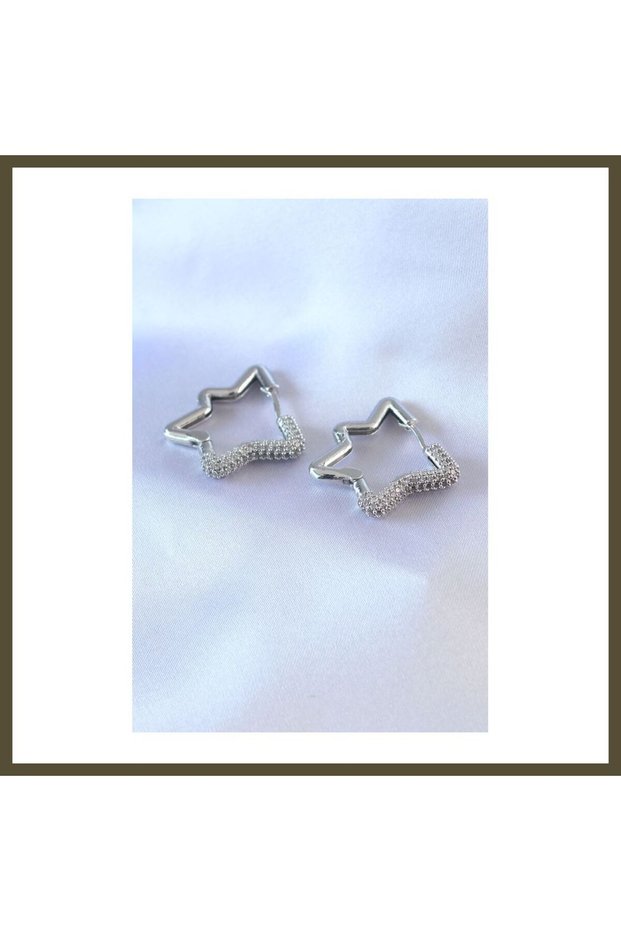 Silver-Colored Star-Shaped Modal Brass Women's Earrings with Zircon Stones BX