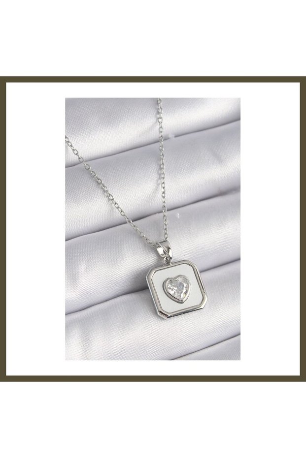 316L Stainless Steel Silver-Colored Square Medallion Zircon Stone-Set Women's Necklace BX