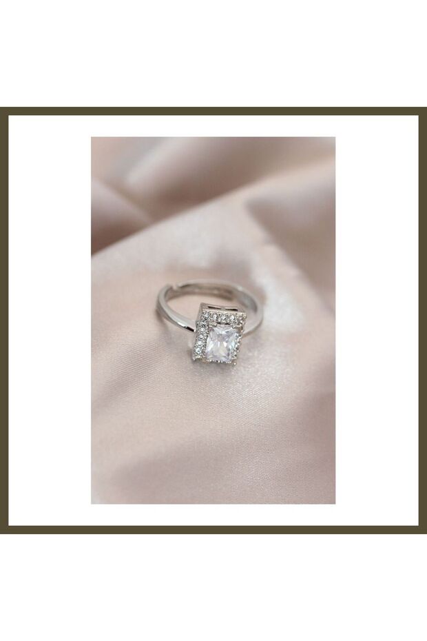 Adjustable Silver-Colored Metal Rectangular Ring with Zircon and Crystal Stones, Model BX