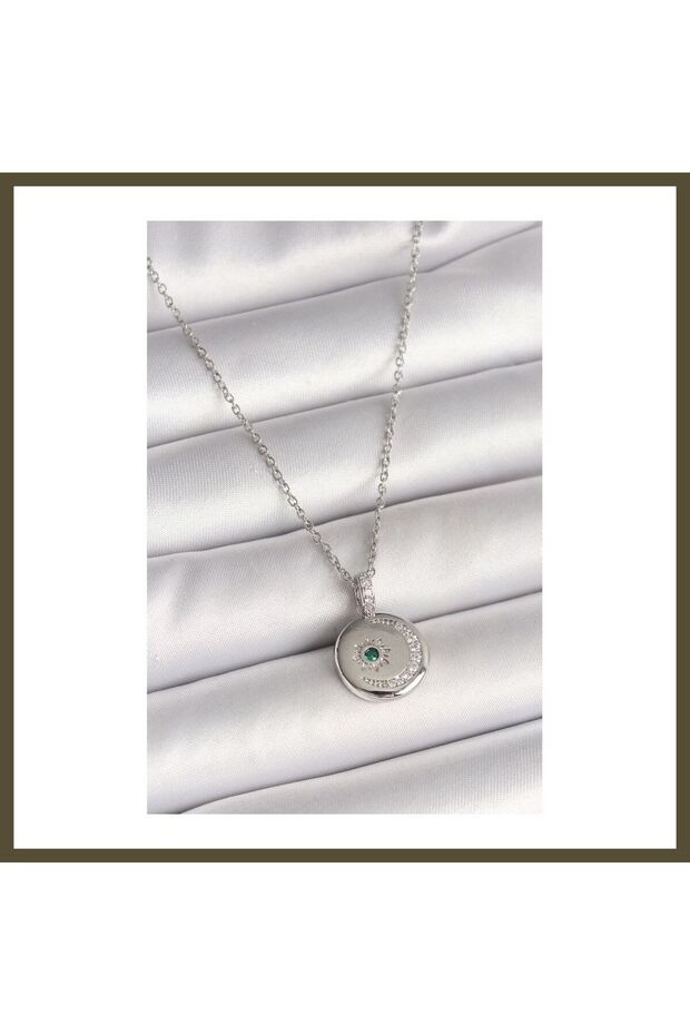 316L Stainless Steel Silver-Colored Chain Medallion with Zircon Stones, Engraved Crescent Moon and Star Design, Women's BX