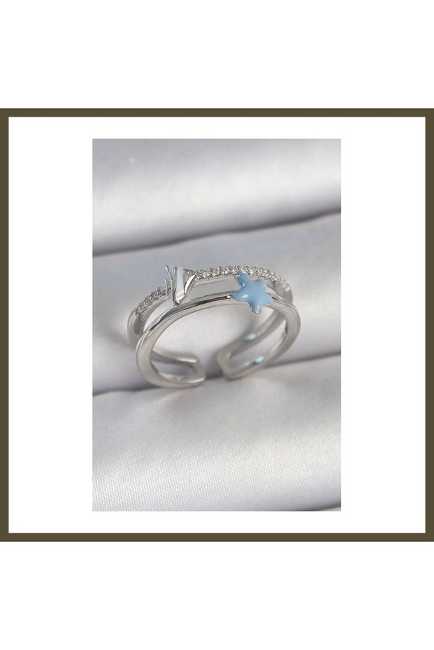 Silver-Plated Rice-Shaped Blue Star-Shaped Ring with 2 Zircon Stones, Adjustable, for Women, BX