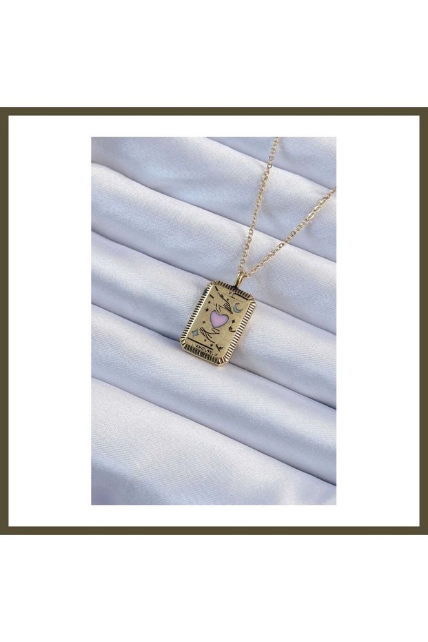 316L Stainless Steel Chain, Antique Finish, Gold-Toned, Pink Enameled, Figurative Tarot Necklace BX