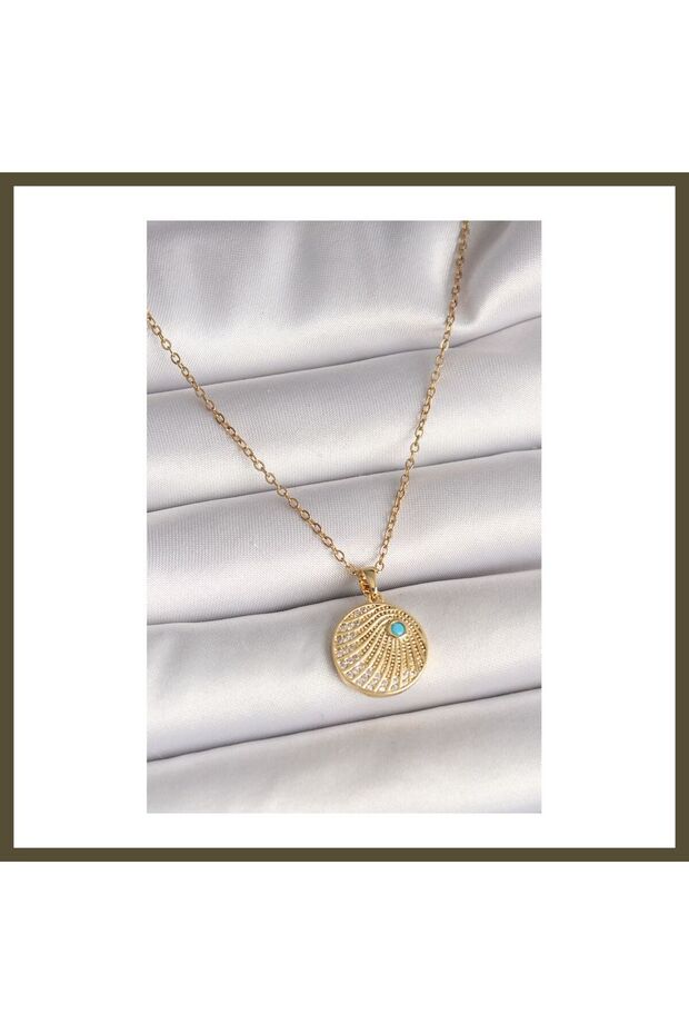 316L Stainless Steel Gold-Colored Chain with Zirconia Stones and Blue Stone Details, Medallion Style, Women's BX