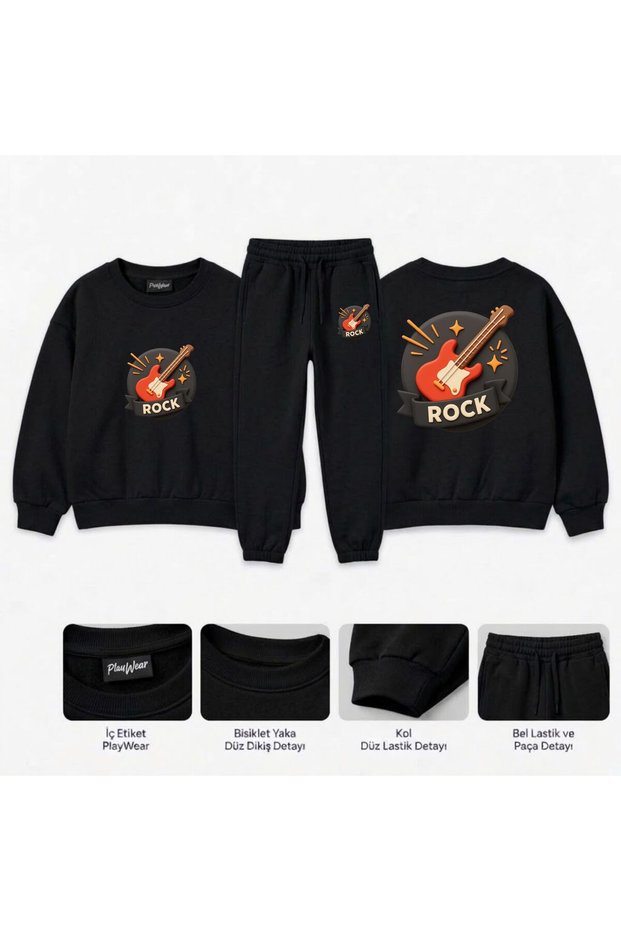 Team Sweatshirt with Rock Guitar Print for Girls, Boys, and Kids—Crew Neck with Men’s Collar