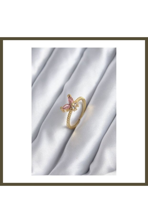 Gold-Colored Women's Butterfly-Style Ring with Pink Zircon Stones BX