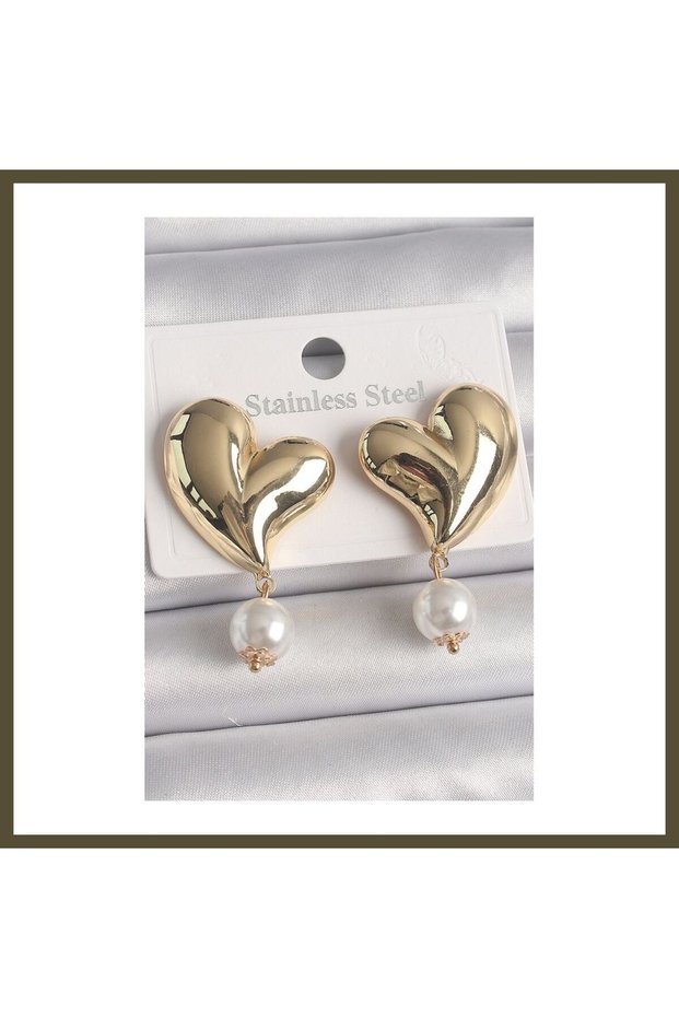 Gold-Toned Rice-Shaped Dangle Earrings with Pearl Accents for Women, Model BX