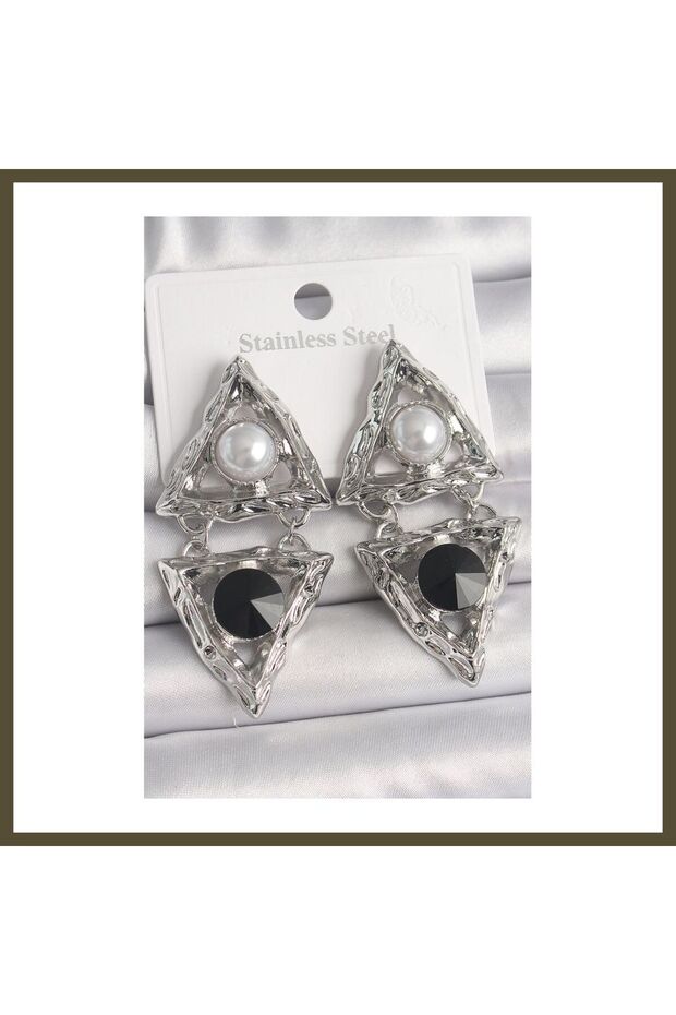 Silver-Toned Rice-Shaped Dangle Triangle-Style Earrings with Pearl Accents for Women BX