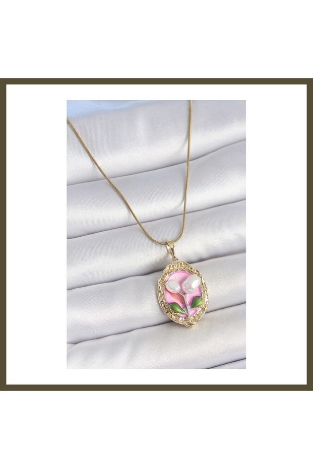 316L Steel Gold-Colored Chain with Pink Enamel and Pearl Flower Embroidery, Portrait-Style Women's Bracelet BX