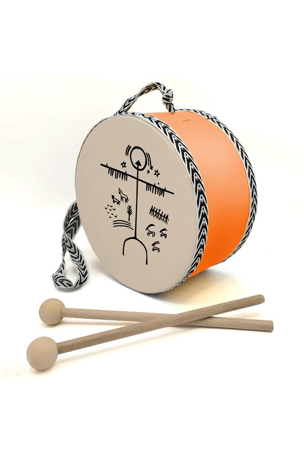 Children's Drum (Ages 1–5) with Printed Shaman (Kam) Drum Motifs on Leather - Orange