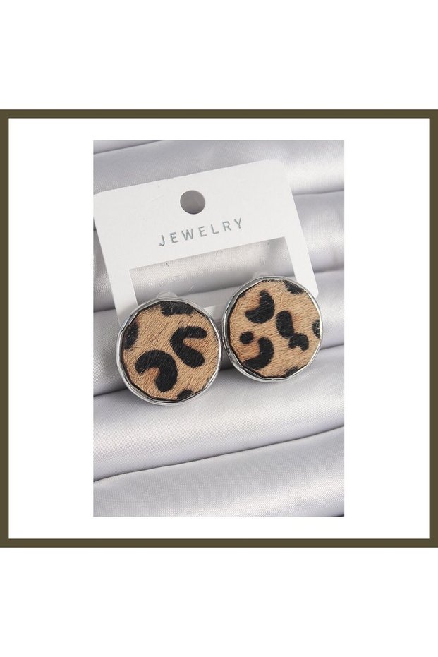 Silver-Toned Round Disc-Shaped Earrings with Leopard Pattern for Women, Model BX