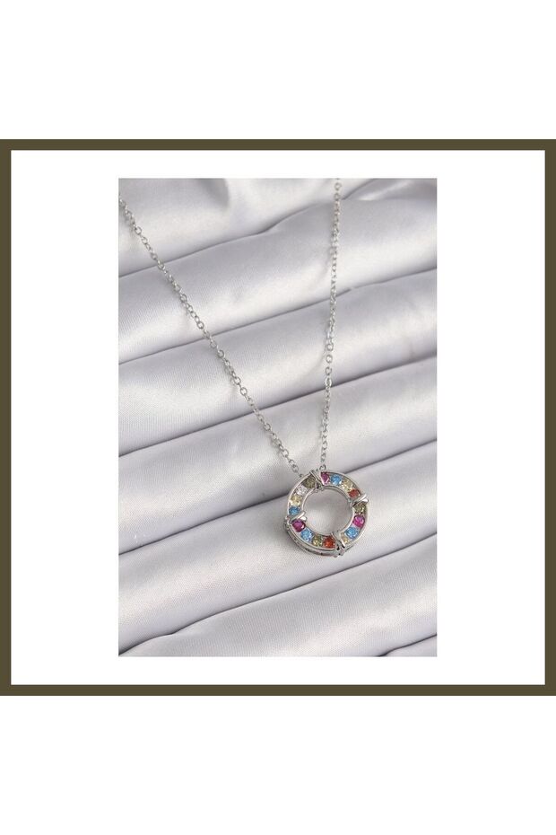 316L Steel Silver-Colored Chain with Colored Zircon Stones, Xoxo Model Women's Necklace BX