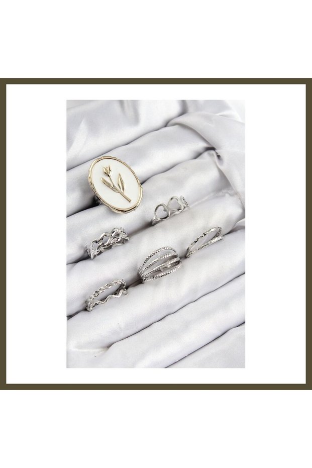 Silver-Colored Women's Ring Set with Rice-Cut Zircon and Tulip Design BX