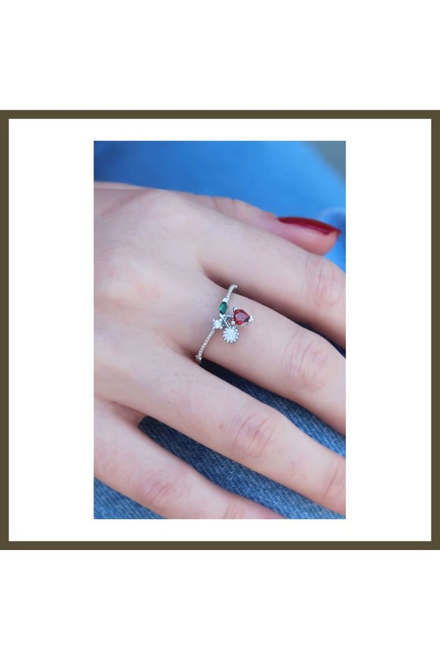 Silver-Colored Cherry-Style Modal Women's Ring with Zircon Stones BX