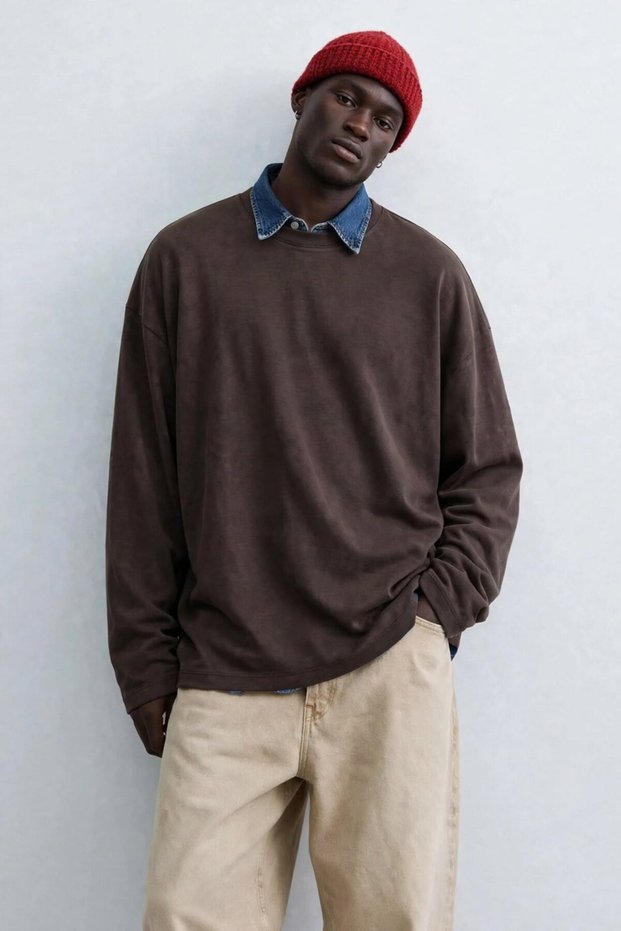 Men's loose-fit crew neck sweatshirt - coffee