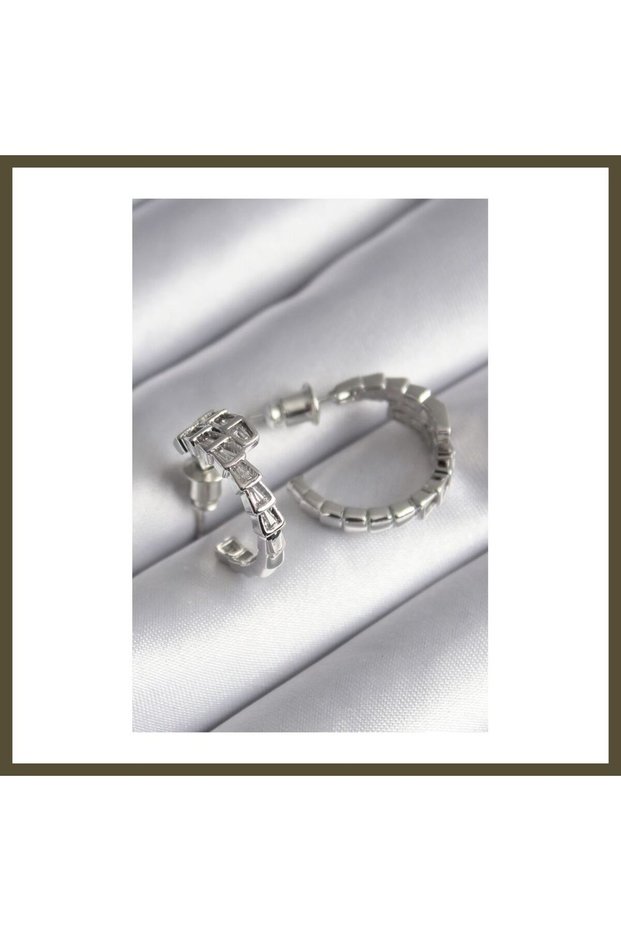 Silver-Toned Rice-Shaped Snake-Design Women's Earrings with Zircon Stones BX
