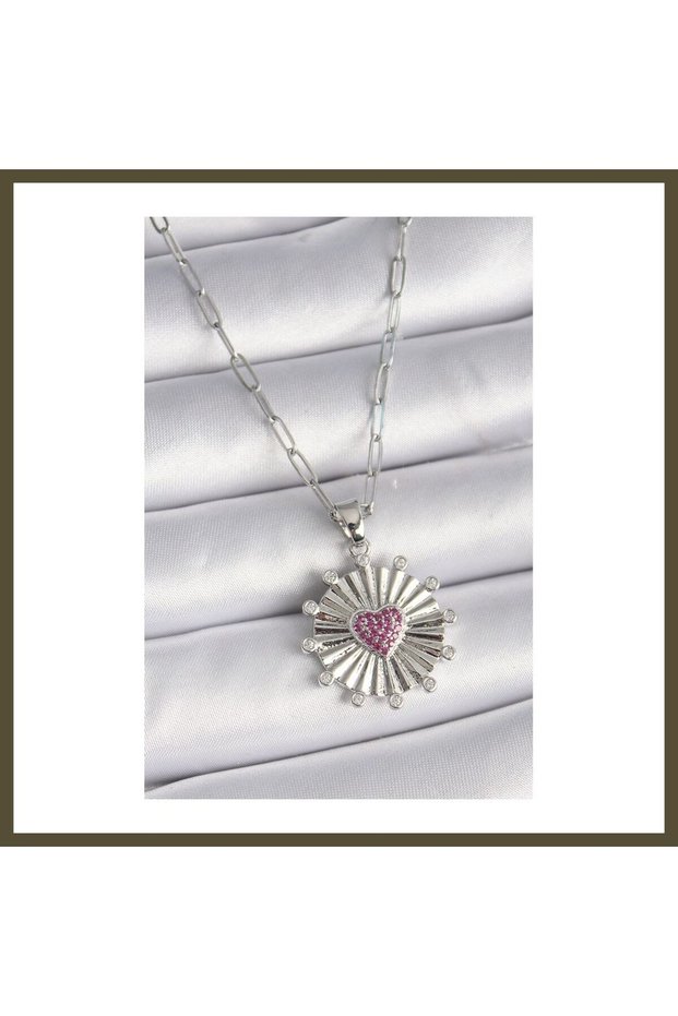 316L Steel Silver-Colored Women's Necklace with Pink Zircon Stone Engraved Medallion Design BX