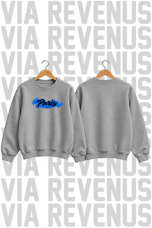 Paris-Printed Oversized Crew Neck 100% Cotton Basic Sweatshirt