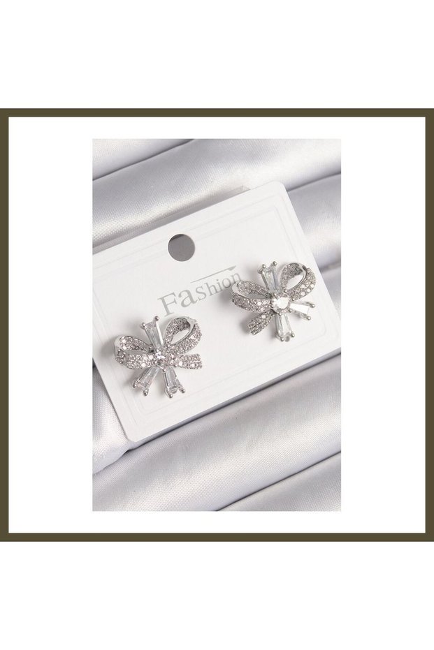 Silver-Toned Rice-Shaped Earrings with Zircon Stones and a Bow Detail for Women BX