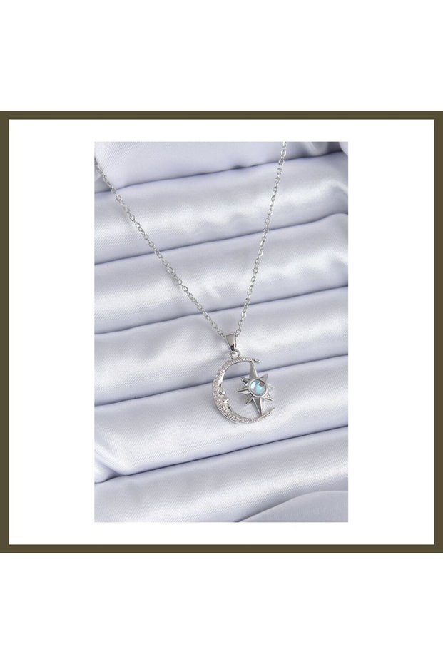 316L Stainless Steel Silver-Colored Moon and Star-Design Women's Necklace with Zircon Stones BX