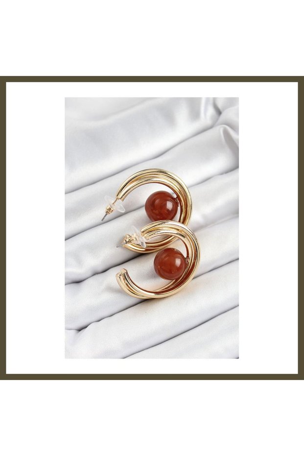 Gold-Toned Rice-Shaped Hoop Earrings with Brown Bead Accents for Women BX