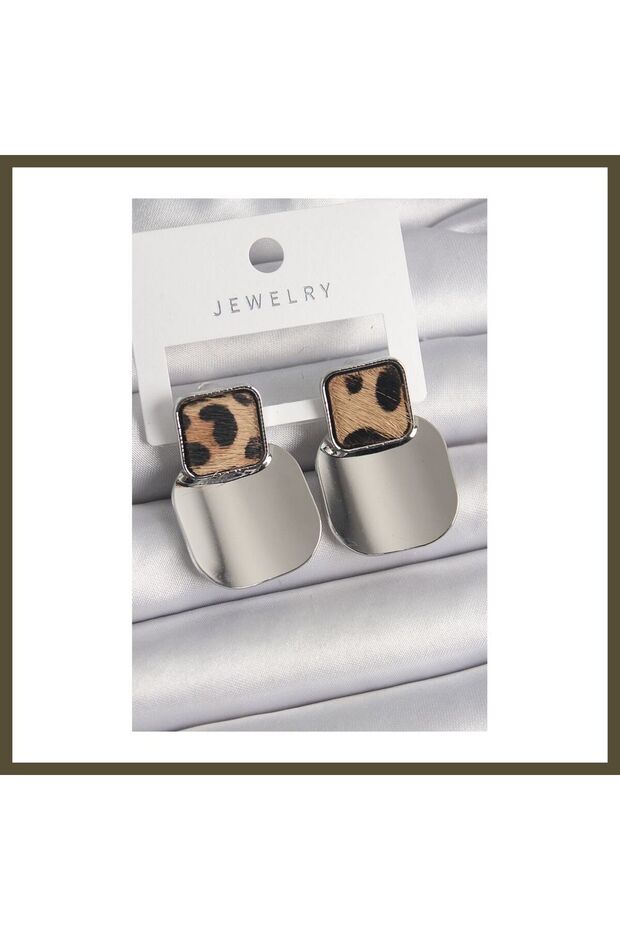 Silver-Toned Square Rice-Shaped Leopard Print Women's Earrings BX