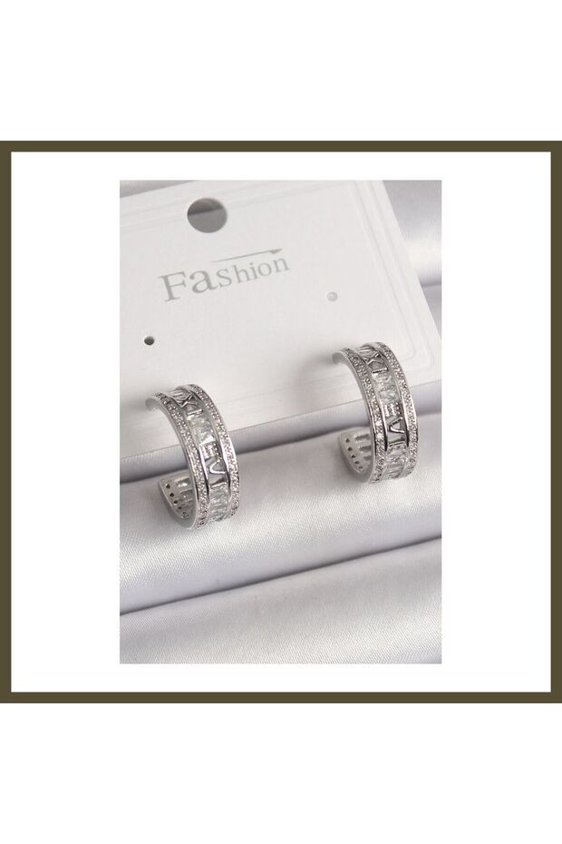 Silver-Toned Rice-Shaped Hoop Earrings with Zircon Accents and Intricate Design for Women, Model BX