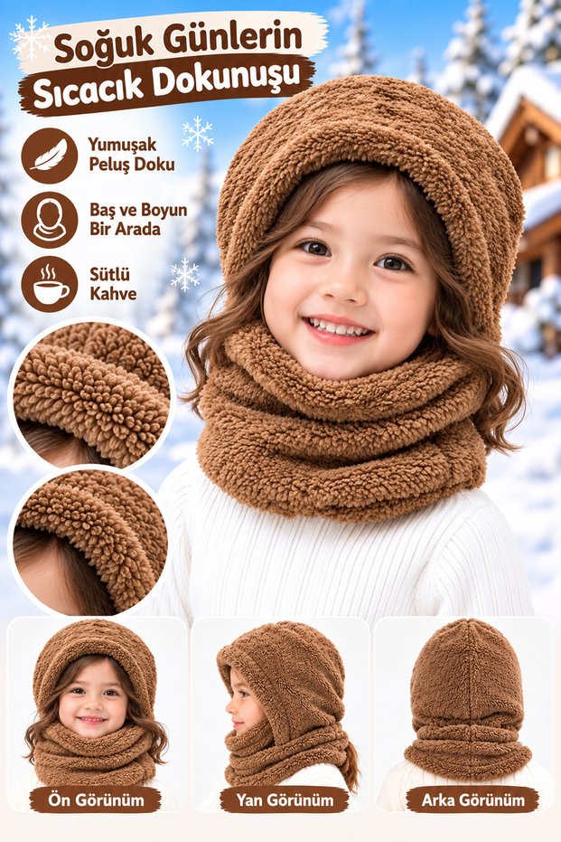 Pinecone Kids' Hooded Plush Beanie, Scarf, Fleece, Welsoft Fleece Neck Warmer, Windproof Hat