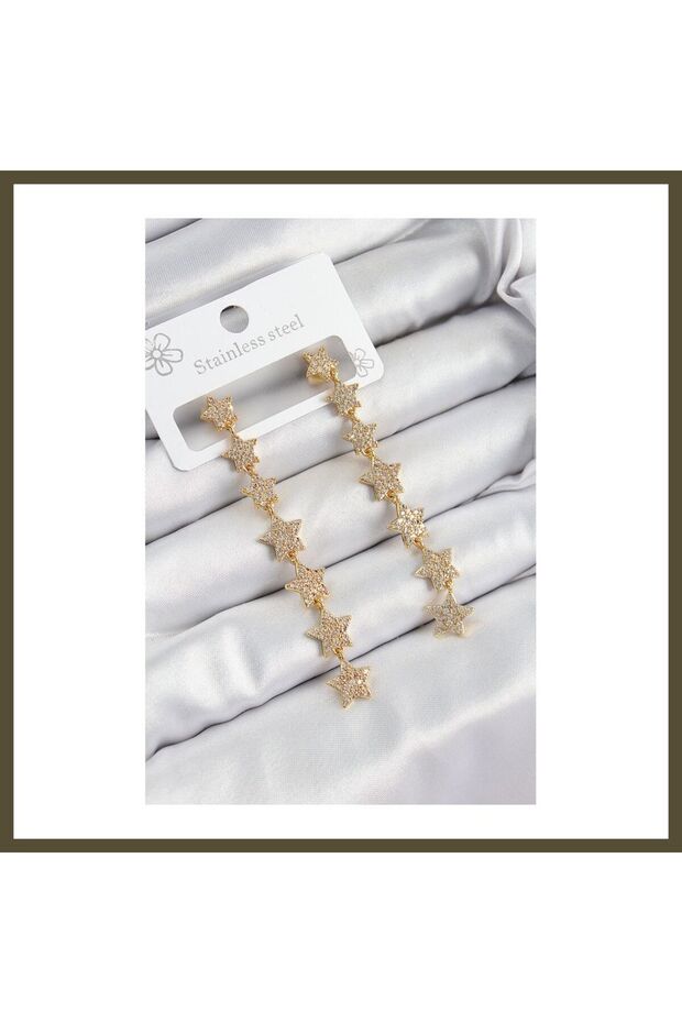 Gold-Colored Women's Earrings with Rice-Shaped Zircon Stones and a Dangling Star Design BX